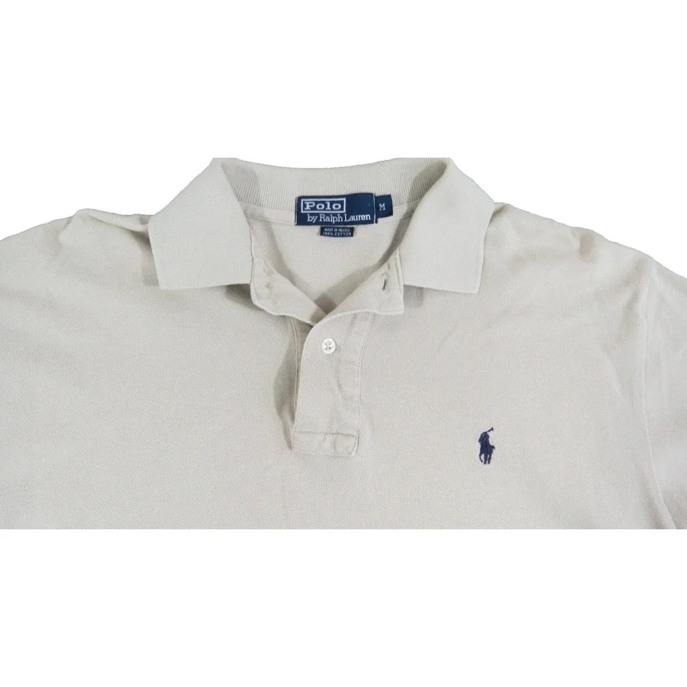 Polo Ralph Lauren Polo Shirt Men's M Cream Blue Pony High Low Slit Performance